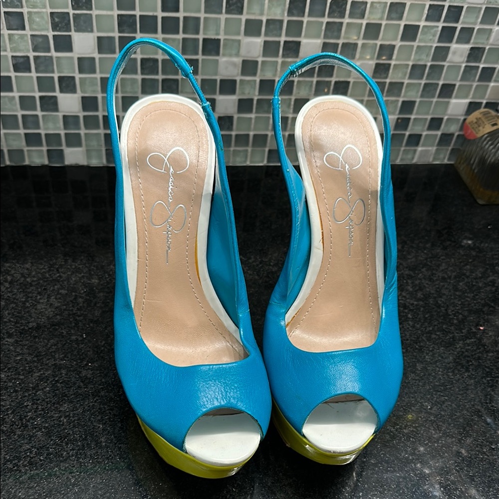 Blue and Green Peep Toe Slingback Heels